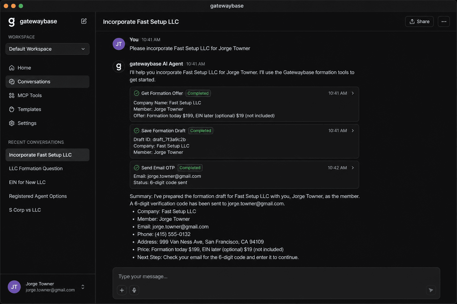 AI assistant using GatewayBase MCP tools to save a Wyoming LLC draft and send an email code