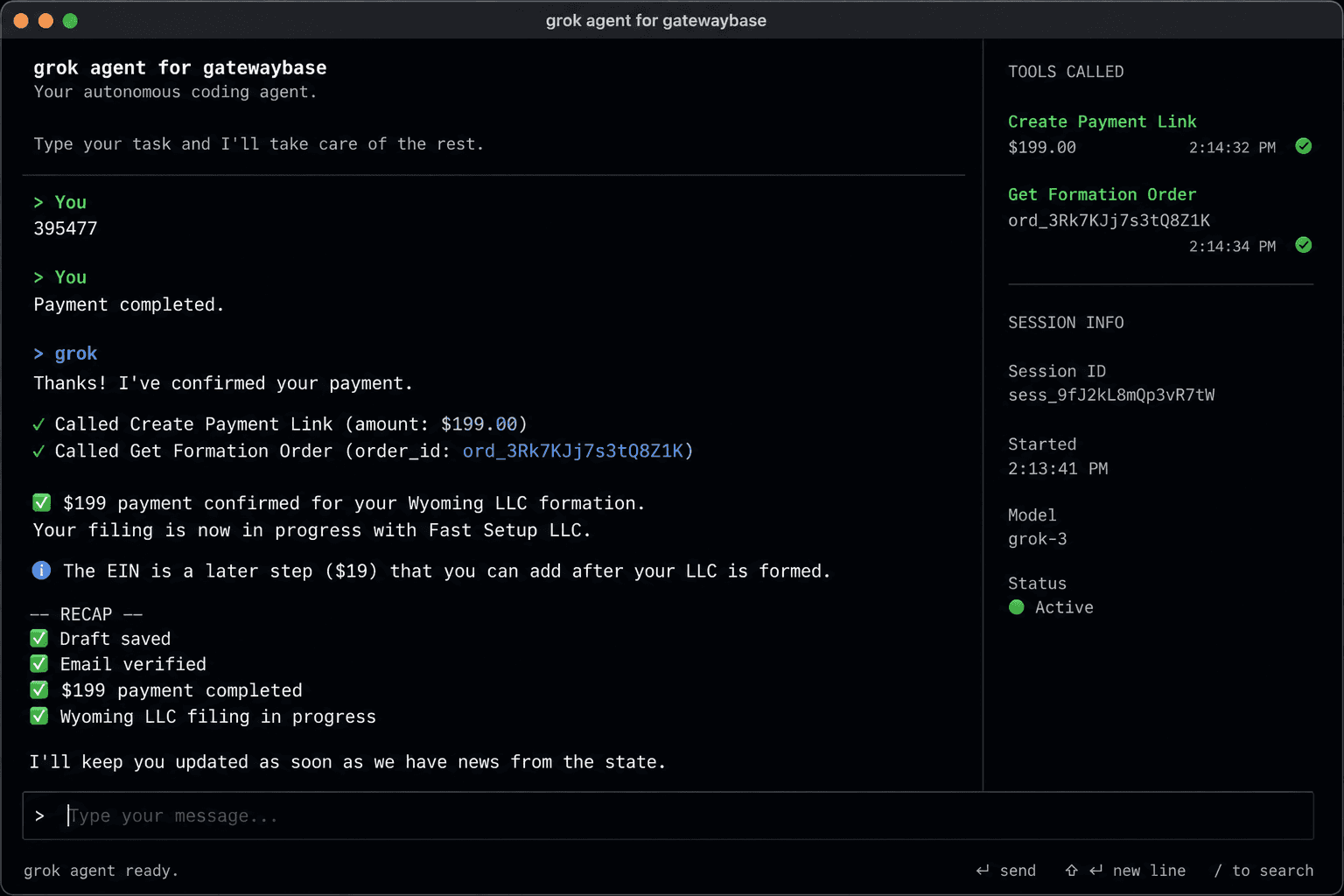 AI assistant confirming Stripe payment and Wyoming LLC filing in progress after MCP checkout